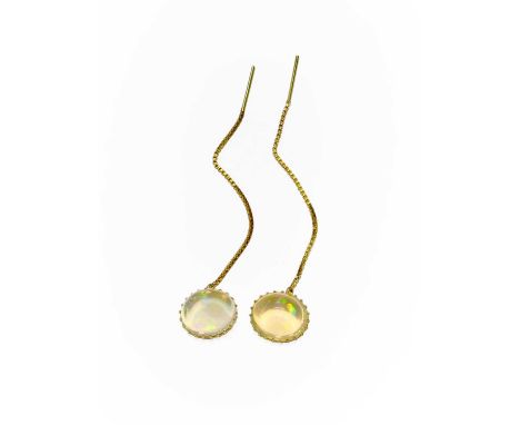 A Pair of Opal Earrings, the oval cabochon opals in yellow claw settings, suspended from a box link chain, length 6.5cm, with