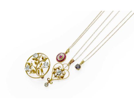 A Small Quantity of Jewellery, including a 9 carat gold synthetic ruby and diamond pendant on chain, pendant measures 1.5cm b