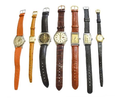 Two Seiko 5 Automatic Wristwatches, Two Lady's Plated Omega and Girard Perregaux Wristwatches, and Three Steel Wristwatches b