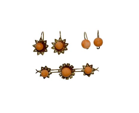 A Coral and Seed Pearl Suite, comprising of a bar brooch, length 4.8cm; and a pair of matching earrings, with hook fittings, 