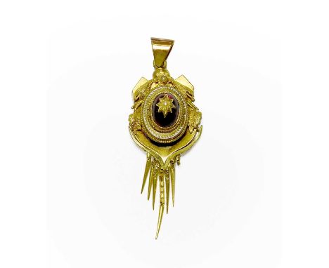 A Garnet, Split Pearl and Enamel Pendant, the cabochon garnet with a split pearl centrally in a yellow star setting, to an en