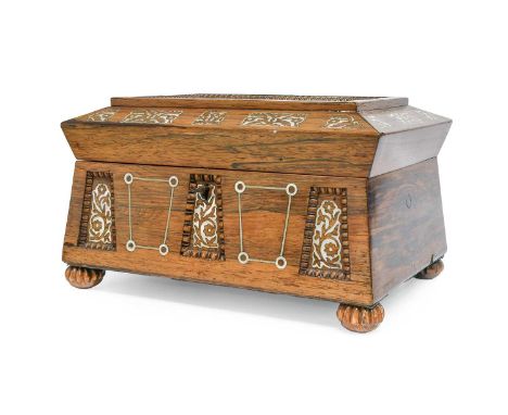 A William IV Mother-of-Pearl-Inlaid Rosewood Stationery Box, of sarcophagus form with foliate decoration within gadrooned bor