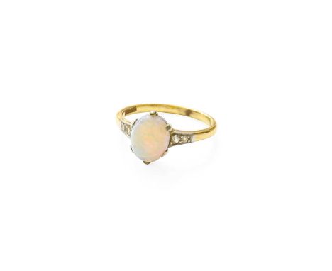 An Opal Ring, the oval cabochon opal in a white claw setting, to eight-cut diamond set shoulders, on a yellow plain polished 
