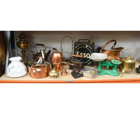 A Collection of Victorian and Later Metalwares, including Arts and Crafts oil lamp, Esso fuel can, box iron, sauce pans, copp