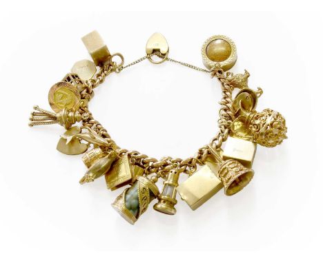 A Curb Link Bracelet, stamped '9' and '.375', with a gold heart shaped padlock clasp stamped '9CT', suspending twenty-two cha