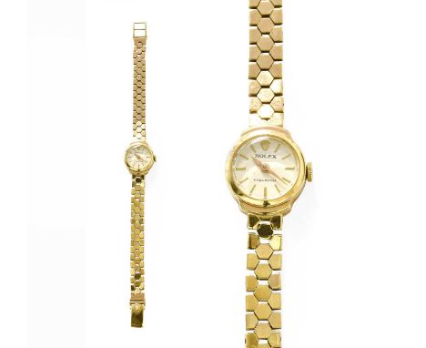 A Lady's 9 Carat Gold Rolex Precision Wristwatch, 1959, manual wound lever movement signed, silvered dial with baton makers a