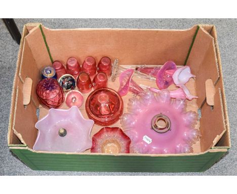 A Pink Vaseline Glass Light Shade, epergne parts, cranberry glass, etc (one box) 