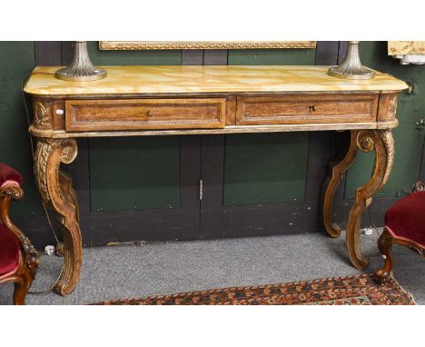 A French 19th Century Style Marble Topped Parcel Gilt Console Table, fitted with two drawers and raised on shaped scrolling l