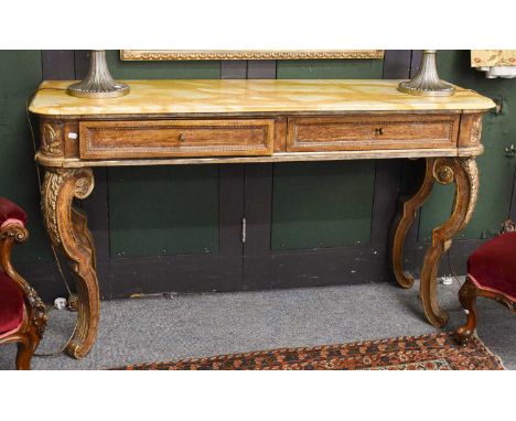 A French 19th Century Style Marble Topped Parcel Gilt Console Table, fitted with two drawers and raised on shaped scrolling l