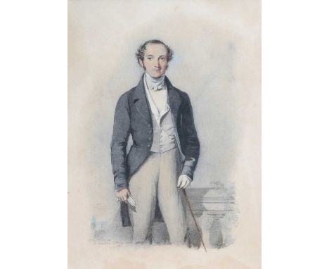 Alfred Henry Taylor (fl.1832-1867)Portrait of an elegant gentleman, three quarter length, standing by a garden balustradeSign