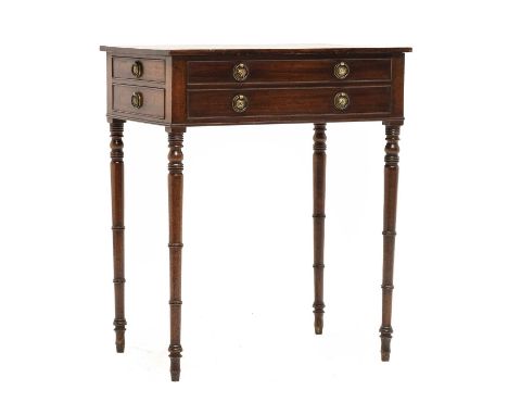 A Late George III Mahogany and Pine-Lined Side Table, early 19th century, the end sections with two small drawers, the opposi