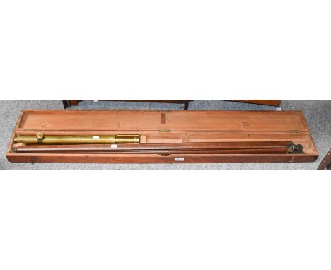 A Ross of London Burnished Brass Two-Draw Telescope with mahogany tripod in a pine-fitted case