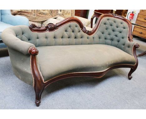 A Victorian Chaise Longue, with carved mahogany frame and button back, 205cm longStructurally sound. No notable movements to 