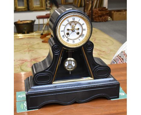 A Victorian Slate Striking Mantel Clock, 4.5" enamel dial with a visible "Brocot" escapement, 43cm highCase with minor chips 