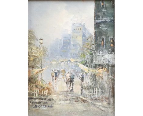 Italian SchoolPortrait of a girlTwo modern oil seascapes, Spanish street scene oil, lithograph of Wellington in battle scene,