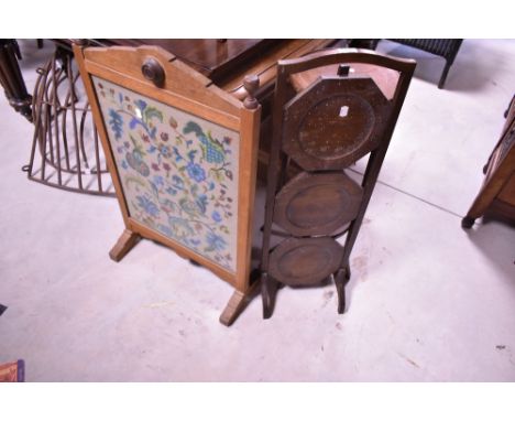 A folding cake stand, fire screen and jardiniere stand