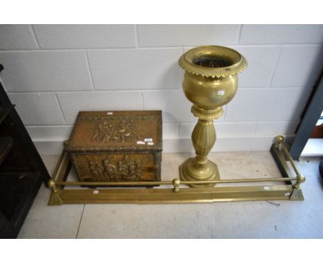 An adjustable brass fender, kindling box and torchere/jardiniere stand
Internal depth 30cm, width is currently 122cm closed ,