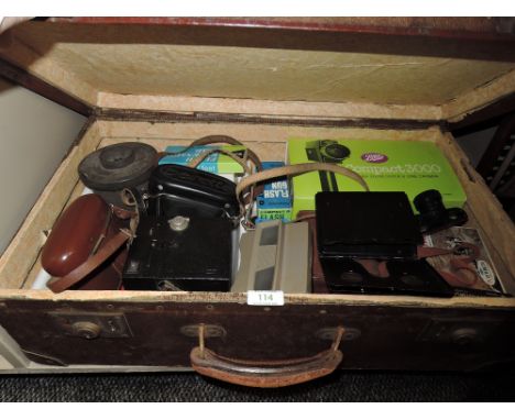 A selection of photographic and film equipment including Beirette cameras and Compact 3000 super 8 camera in box