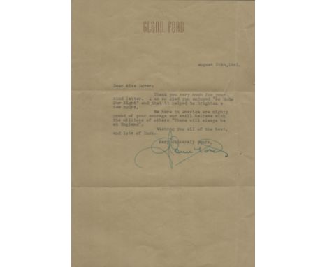 Glenn Ford vintage TLS on headed notepaper and dated 25/8/41 thanking the correspondent for enjoying his recent film 'So Ends