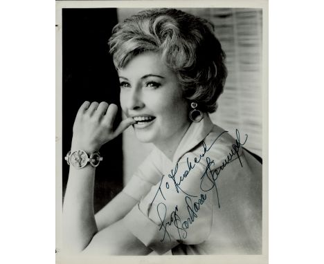 Barbara Stanwyck signed glossy b/w head and shoulders photo. Dedicated. Was an American actress, model and dancer. 10x8 Inch.