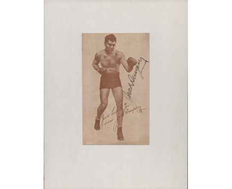 Jack Dempsey signed vintage black and white photo on a white card. Vintage full length postcard image of Dempsey mounted to 8
