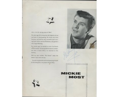 Mickie Most signed biographical page removed from a vintage music programme (although a singer in the early 1960's Most was b