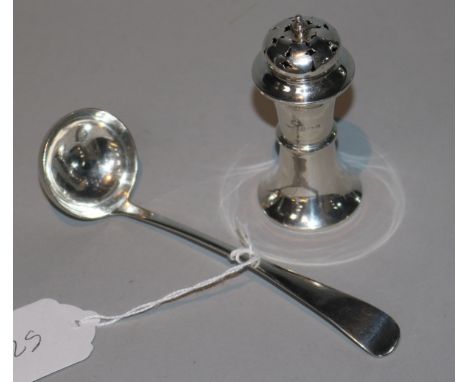 A George V pounce pot and a 19th century Scottish silver cream ladle.