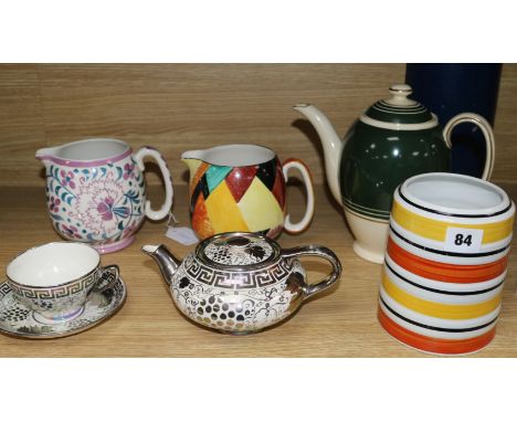 Susie Cooper for Grays Pottery - two jugs, a vase, a coffee pot and a silver lustre teapot and tea cup and saucer