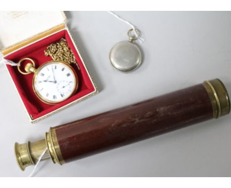 A hunter-cased pocket compass, a Vertex Revue plated fob watch and chain and a brass telescope, three-draw, leather-bound, th