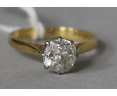 A diamond solitaire ring, the old cut stone approx 0.75ct, on 18ct gold shank, size K.