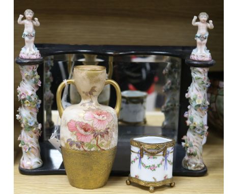 A Victorian floral encrusted mirrored bracket and three other pieces