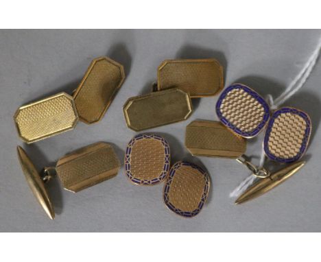 Three pairs of 9ct gold cufflinks, including enamel.