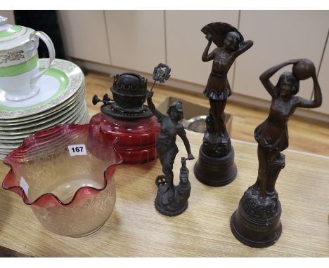 A cranberry glass shade oil lamp and three spelter figures