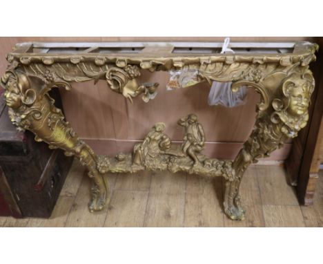 A 19th century Continental giltwood and gesso console table, lacks marble top, W.4ft 7in.