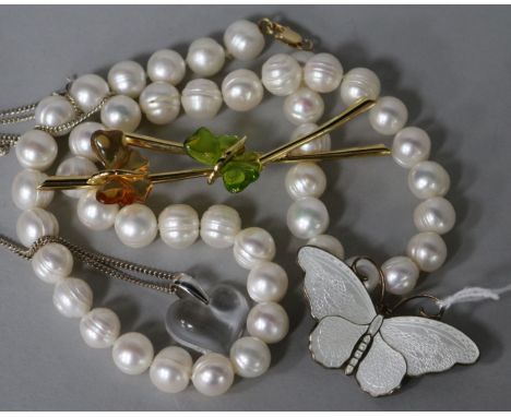 A David Andersen silver and enamel butterfly brooch, two Lalique items and a cultured pearl necklace.