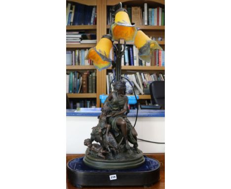 A bronzed spelter table lamp, with Tiffany style shade