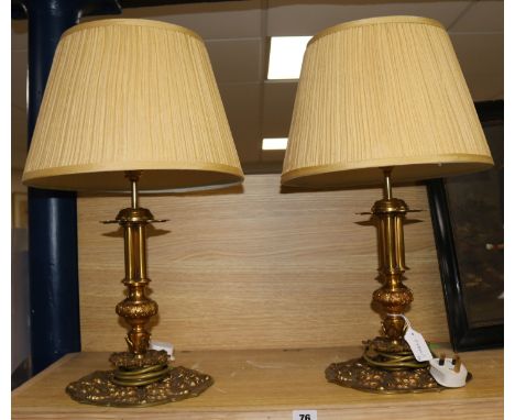 A pair of Charles II style brass candlesticks shaped lamp bases, height 56cm