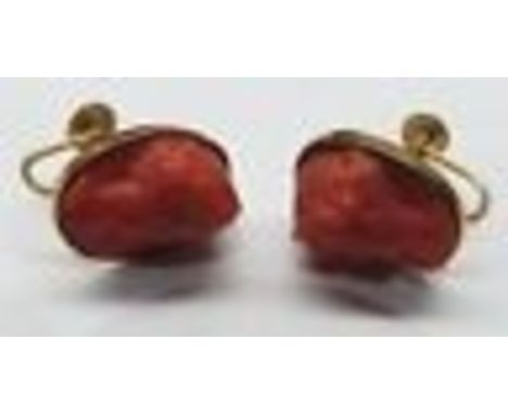 Pair Carved Cameo Coral Ear Rings set in Gold