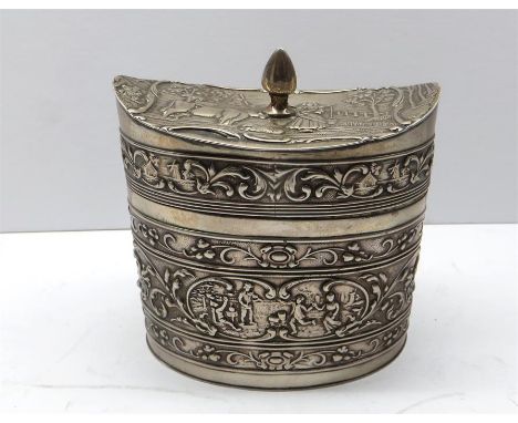 Dutch silver tea caddy ornate scenic panels full dutch silver hallmarks 8cm tall weight 110g