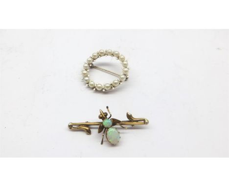 2 Vintage Gold Brooches. hallmarked 585 14ct set with seed pearls the other  Opal stone set bug brooch 14ct brooch weighs 4.1