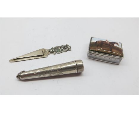 Collection of Silver Items Enamel Pill Box Book Mark and Needle Case 