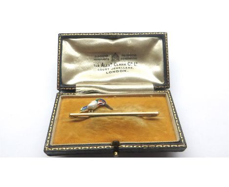 antique Boxed 15ct gold Pearl Set Enamel Kingfisher Bar Brooch measures approx 52mm by11mm widest points small enamel chip on