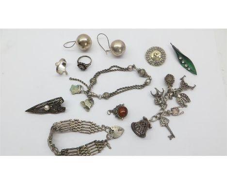 Collection of silver Jewellery ..Enamel Brooch Bracelet Pendants Necklace etc