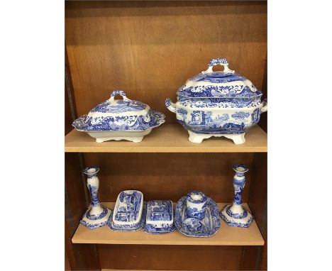 Collection of Blue and White Spode China to Include 2 Large tureens Candle Sticks And Butter Dishes 