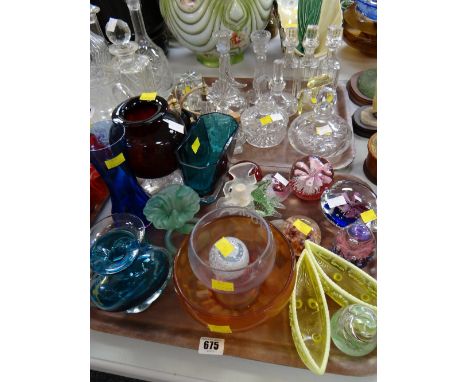 Two trays of various glassware including Vaseline glass, decorative paperweights, dressing table scent bottles etc