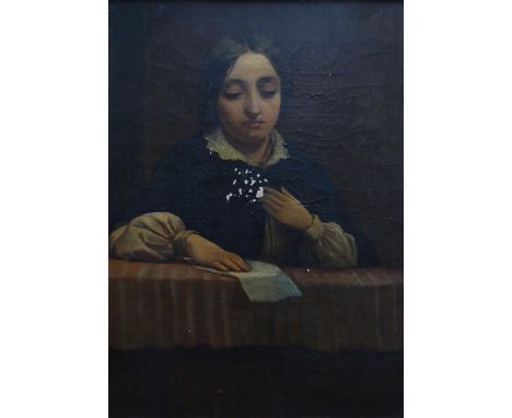 ATTRIBUTED TO WILLIAM POWELL FRITH oil on canvas - portrait of a young lady, possibly mourning, with letter, signed, 43 x 31c