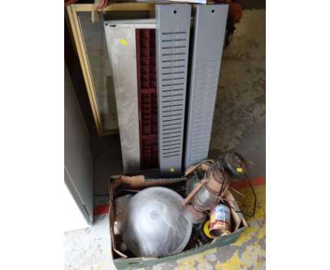 A box of tools including two paraffin lamps, light shade &amp; golf balls etc