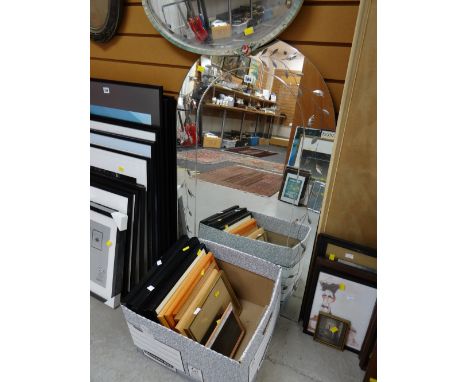 A large arch-top hall mirror together with a box of various frames