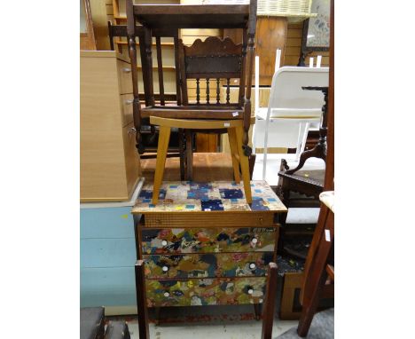 A vintage Lebus four-drawer chest of drawers, tea trolley & lightwood dressing table stool