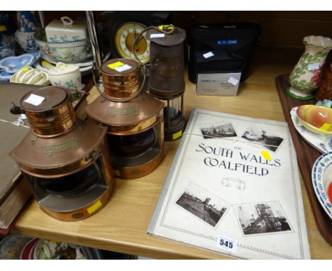 Pair of modern small copper mast head lamps, miner's lamp , publication relating to the South Wales coal field